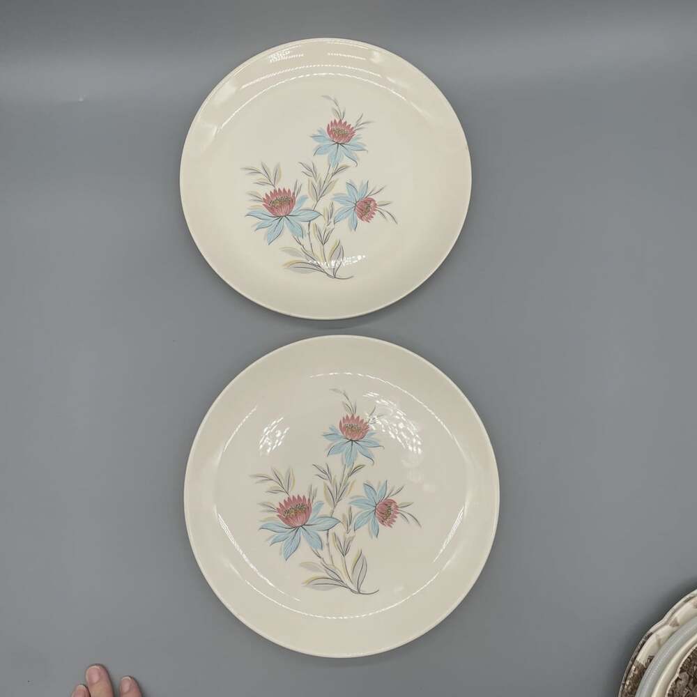 VTG STEUBENVILLE POTTERY 'FAIRLANE' 2~10” DINNER PLATES PINK & BLUE FLOWERS